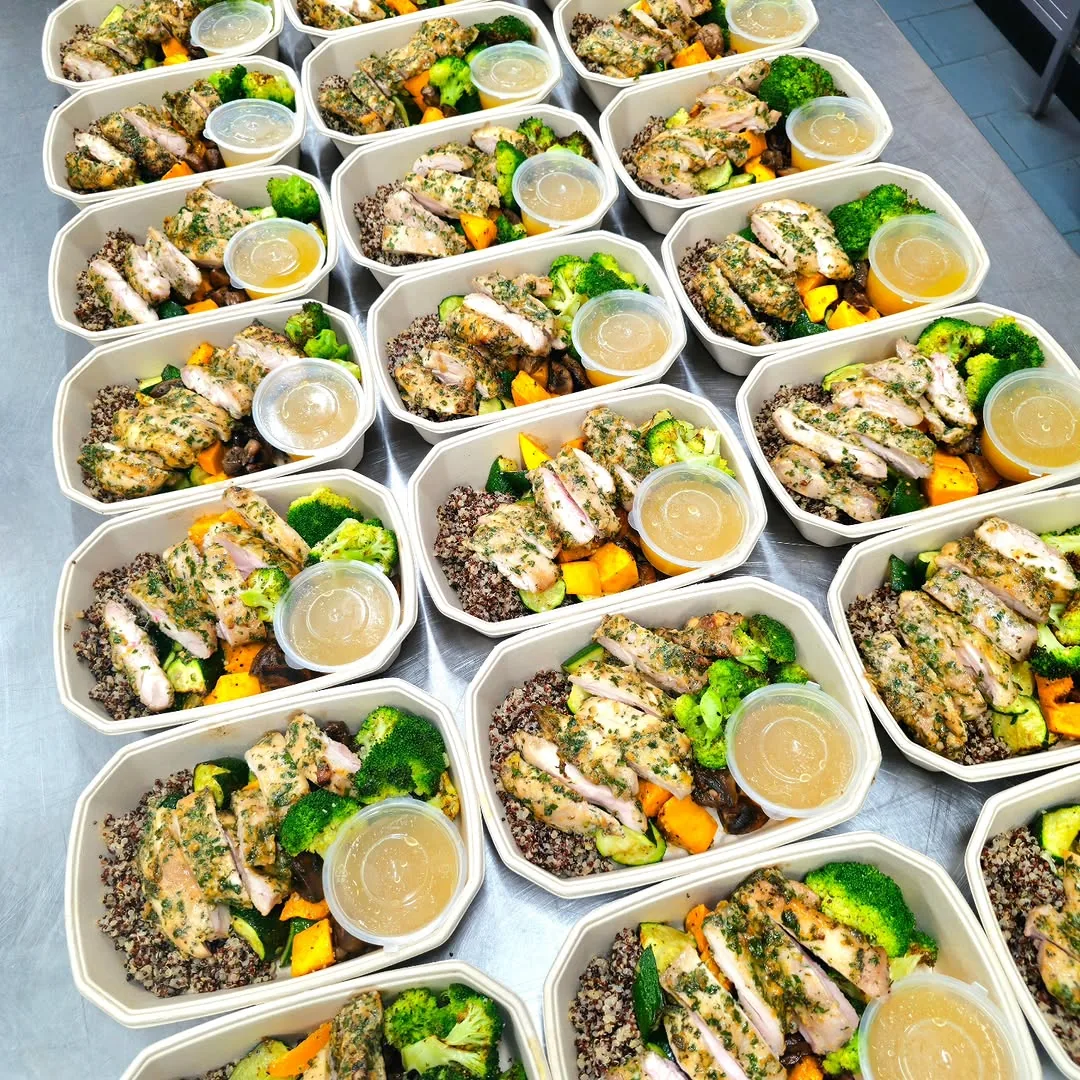 Herbed roast chicken with mixed grains, broccoli and roasted pumpkin