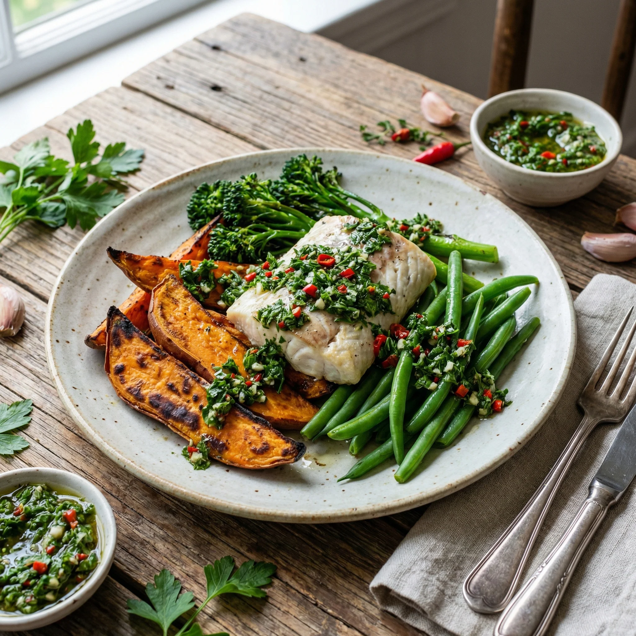 Pan-seared barramundi with chimichurri verde, sweet potato and broccolini