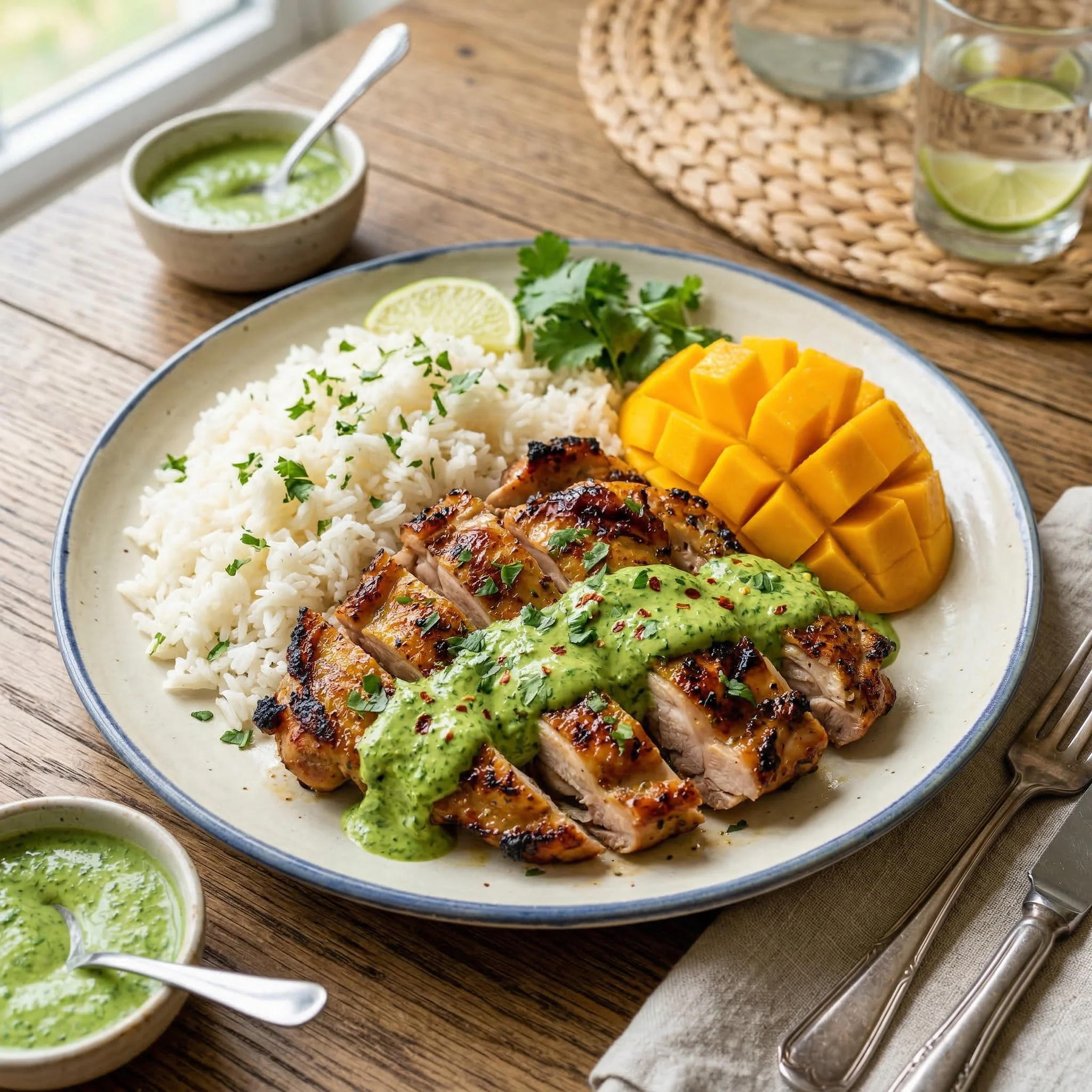 Peruvian charred chicken with aji verde and mango salsa